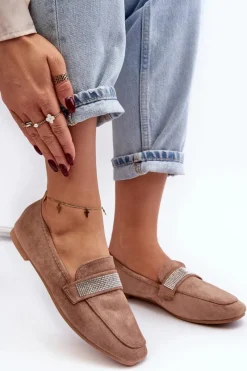 Clearance Boto Damskie Mokasyny Z Cyrkoniami Jasnobrązowe Ralrika Brązowy