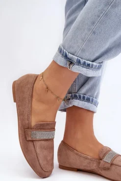 Clearance Boto Damskie Mokasyny Z Cyrkoniami Jasnobrązowe Ralrika Brązowy