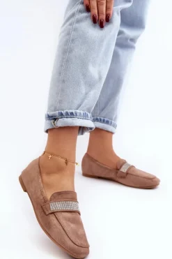 Clearance Boto Damskie Mokasyny Z Cyrkoniami Jasnobrązowe Ralrika Brązowy