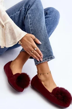 Outlet Damskie Mokasyny Z Futerkiem Bordowe Novas Damskie Loafersy Damskie|Kapcie Klasyczne