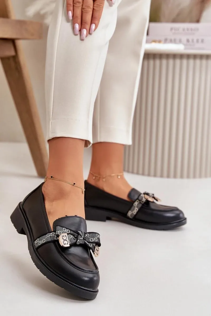 Outlet Damskie Mokasyny Z Kokardą S.Barski HY42-331 Czarne Damskie Loafersy Damskie|Mokasyny Płaskie