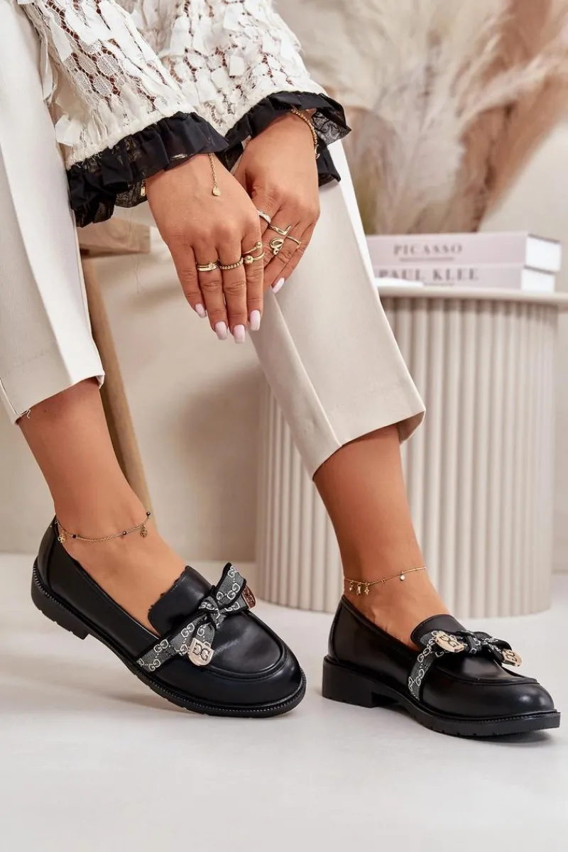 Outlet Damskie Mokasyny Z Kokardą S.Barski HY42-331 Czarne Damskie Loafersy Damskie|Mokasyny Płaskie