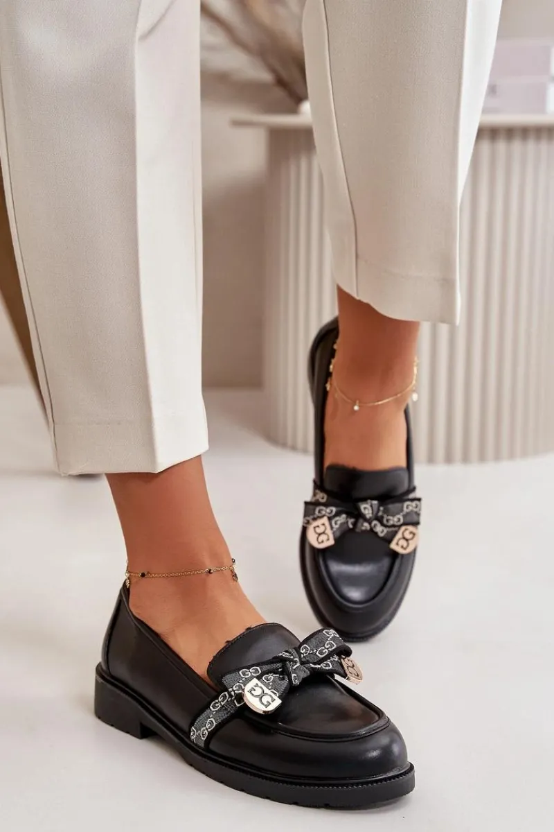 Outlet Damskie Mokasyny Z Kokardą S.Barski HY42-331 Czarne Damskie Loafersy Damskie|Mokasyny Płaskie