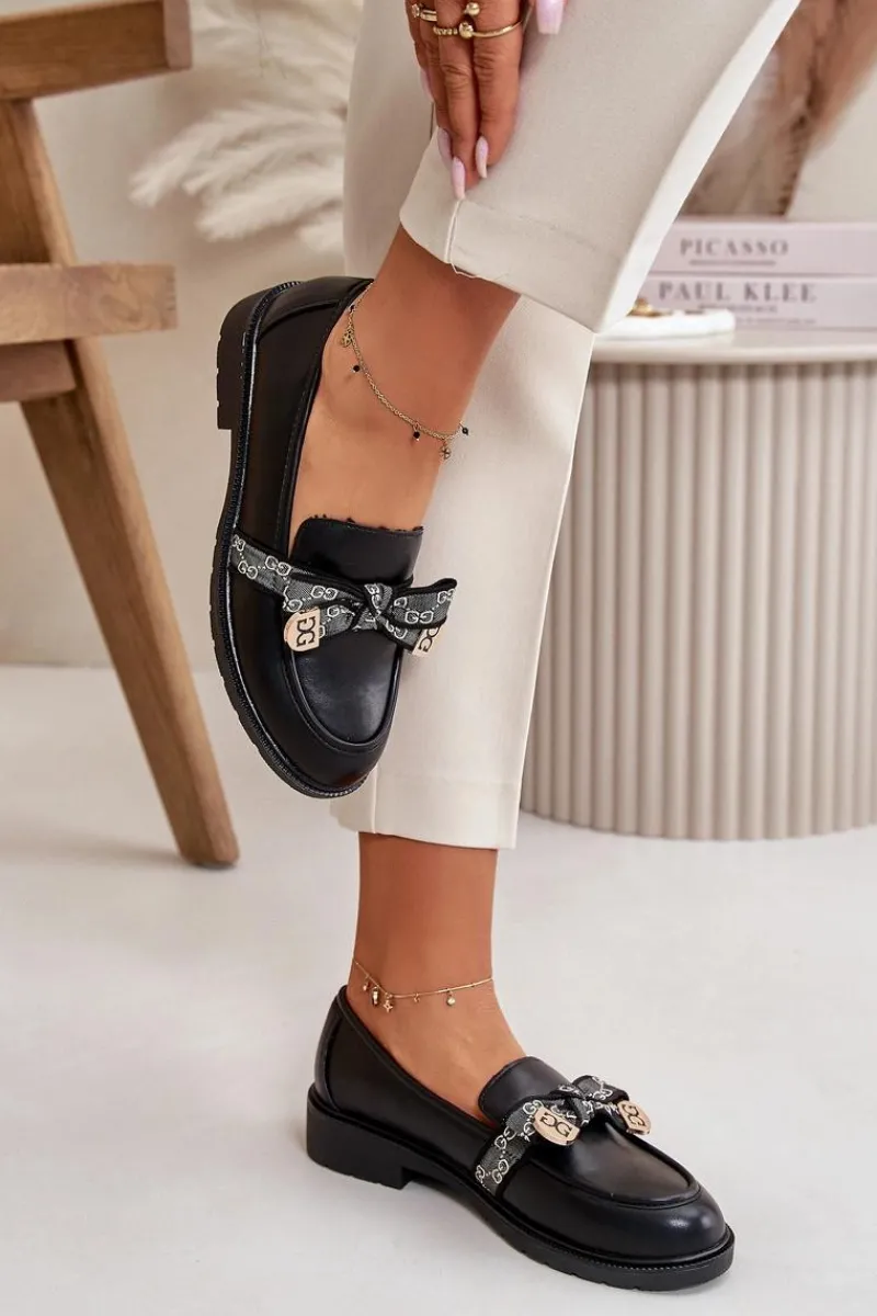 Outlet Damskie Mokasyny Z Kokardą S.Barski HY42-331 Czarne Damskie Loafersy Damskie|Mokasyny Płaskie