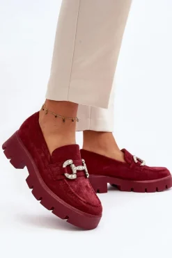 Outlet Boto Damskie Mokasyny Z Ozdobą Bordowe Ellise