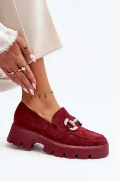 Outlet Boto Damskie Mokasyny Z Ozdobą Bordowe Ellise
