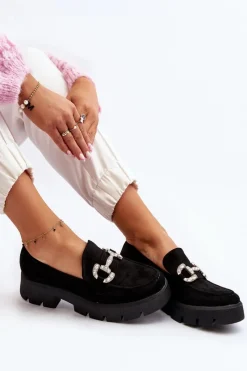 Boto Damskie Mokasyny Z Ozdobą Czarne Ellise