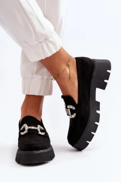 Boto Damskie Mokasyny Z Ozdobą Czarne Ellise