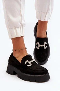 Boto Damskie Mokasyny Z Ozdobą Czarne Ellise