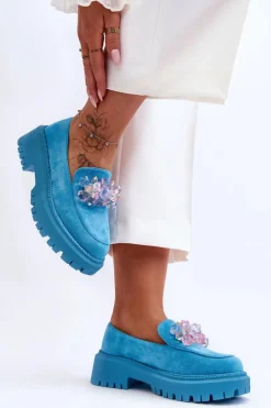 Mokasyny Damskie Skórzane|Mokasyny Na Platformie>Boto Damskie Mokasyny Z Ozdobnymi Kryształami Niebieskie Avril