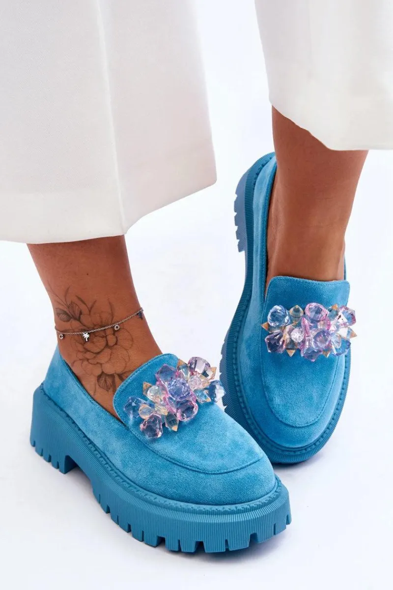Mokasyny Damskie Skórzane|Mokasyny Na Platformie>Boto Damskie Mokasyny Z Ozdobnymi Kryształami Niebieskie Avril