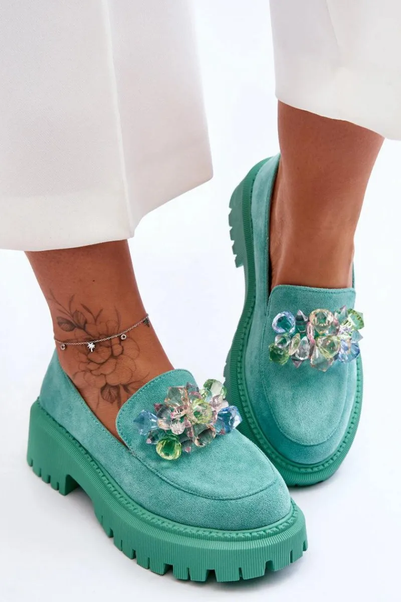 Mokasyny Damskie Skórzane|Mokasyny Na Platformie>Boto Damskie Mokasyny Z Ozdobnymi Kryształami Zielone Avril