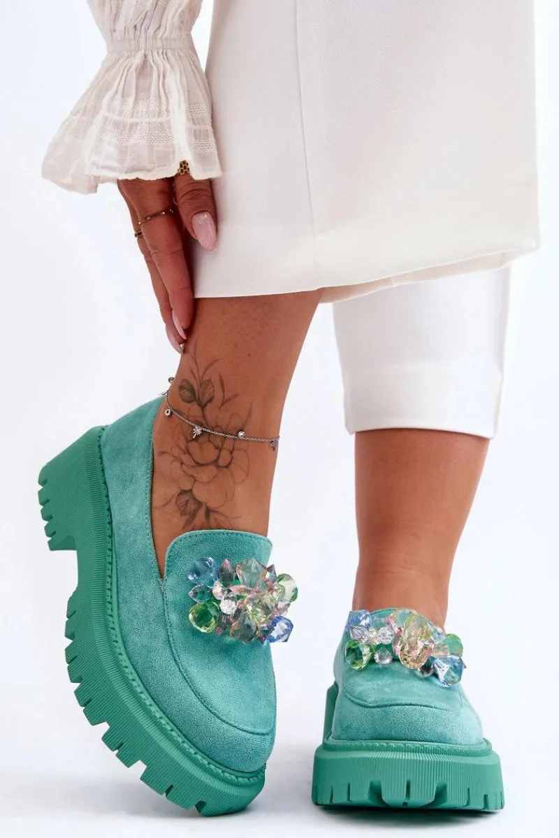 Mokasyny Damskie Skórzane|Mokasyny Na Platformie>Boto Damskie Mokasyny Z Ozdobnymi Kryształami Zielone Avril