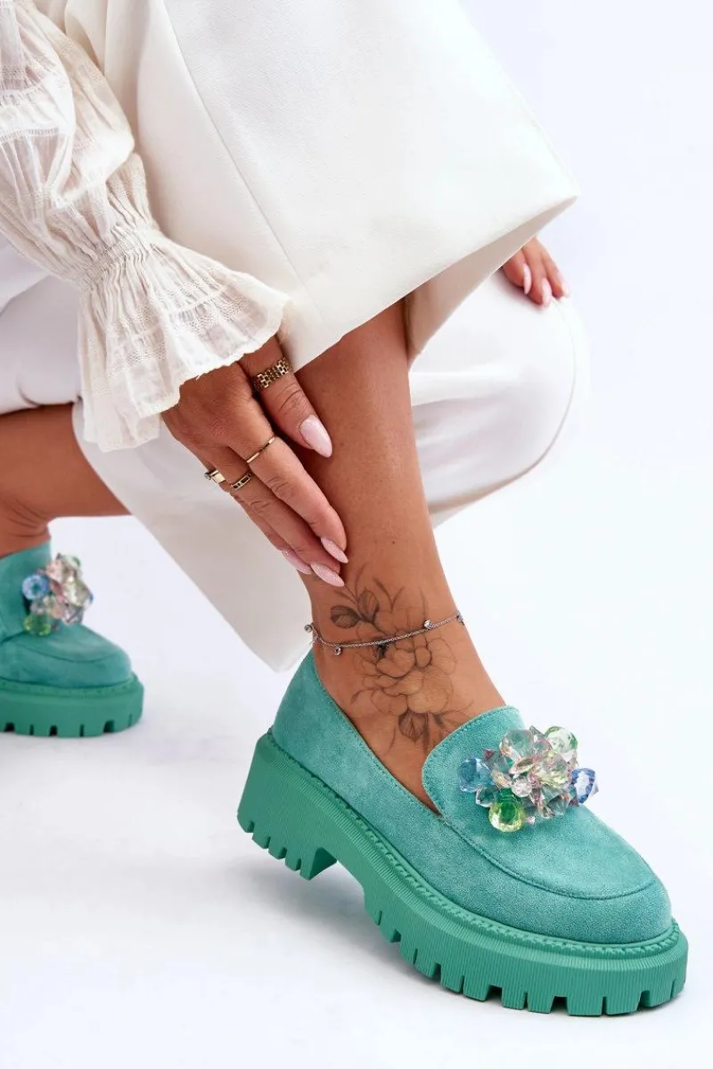 Mokasyny Damskie Skórzane|Mokasyny Na Platformie>Boto Damskie Mokasyny Z Ozdobnymi Kryształami Zielone Avril