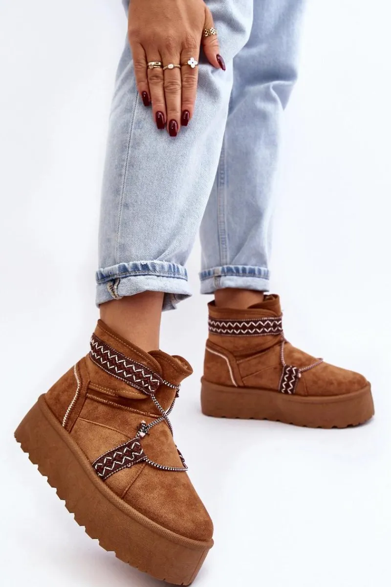 Śniegowce Damskie>Boto Damskie Śniegowce Na Grubej Podeszwie Z Wiązaniem Camel Milson