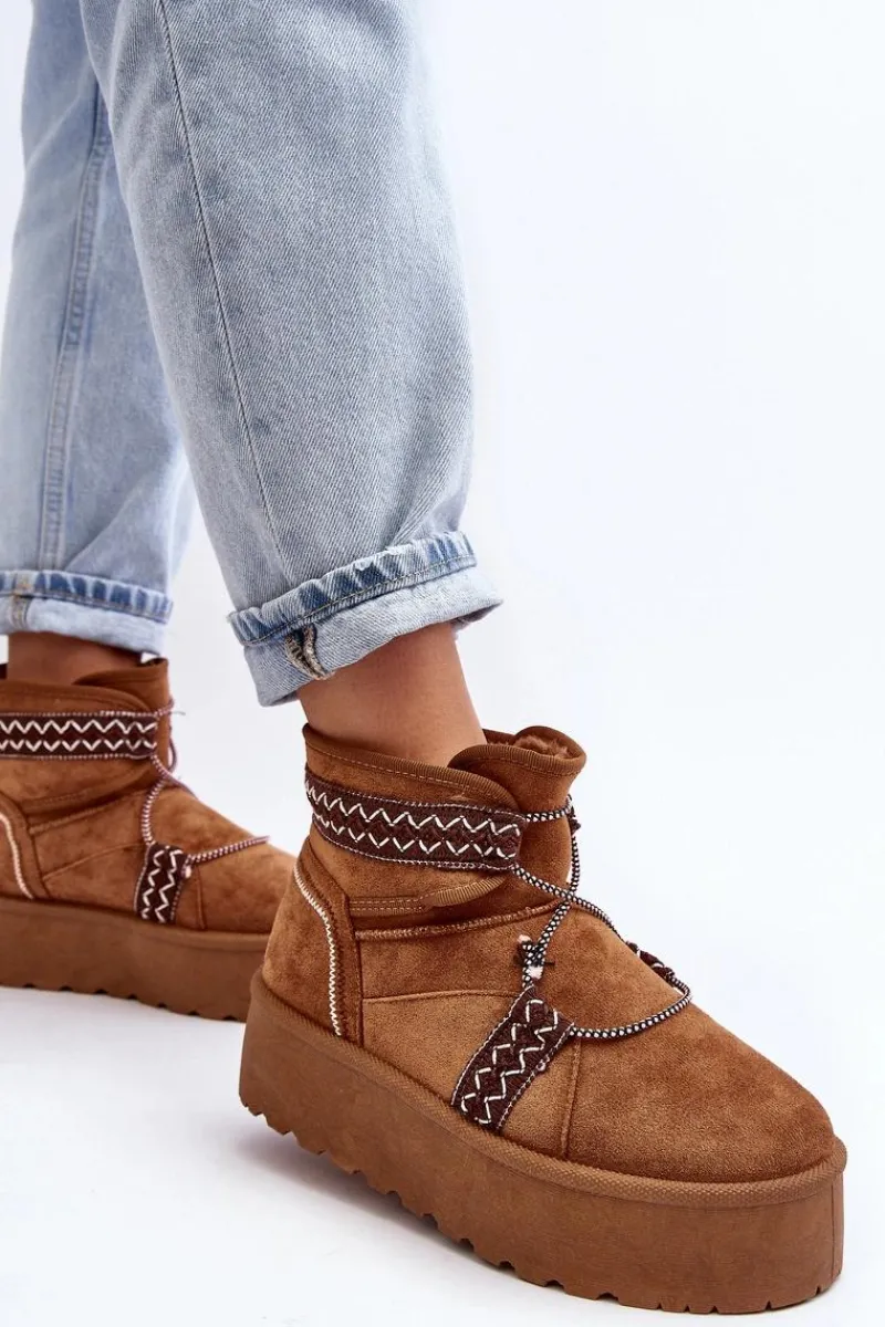 Śniegowce Damskie>Boto Damskie Śniegowce Na Grubej Podeszwie Z Wiązaniem Camel Milson