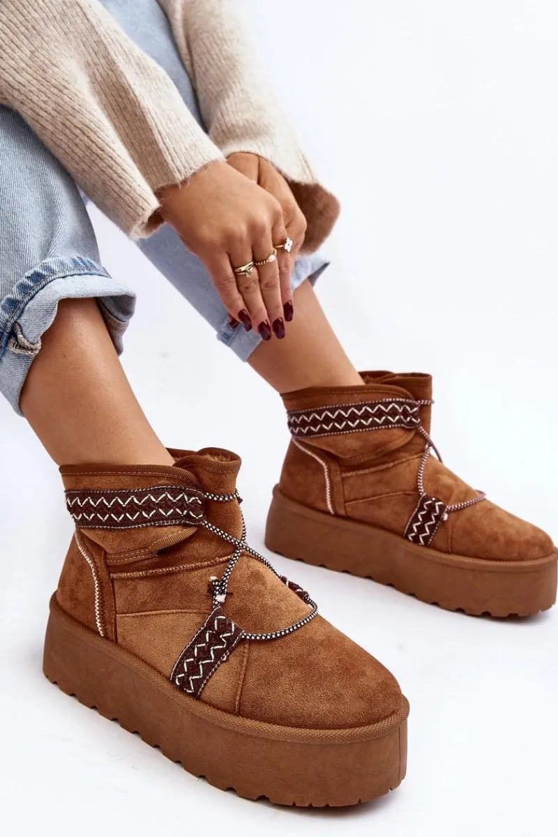 Śniegowce Damskie>Boto Damskie Śniegowce Na Grubej Podeszwie Z Wiązaniem Camel Milson