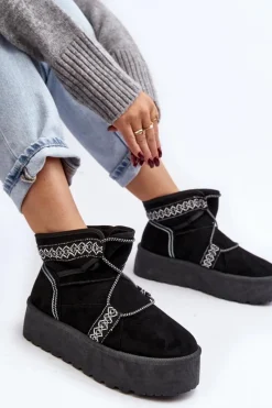 Discount Boto Damskie Śniegowce Na Grubej Podeszwie Z Wiązaniem Czarne Milson