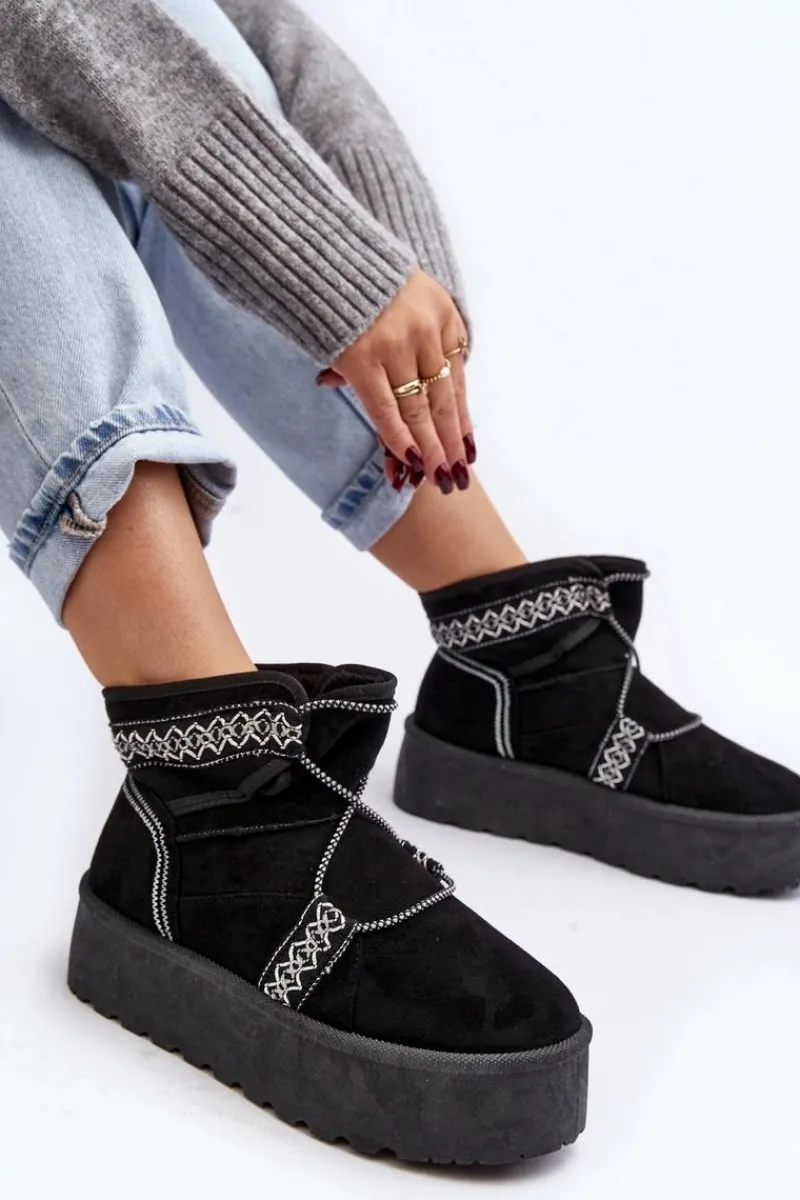 Discount Boto Damskie Śniegowce Na Grubej Podeszwie Z Wiązaniem Czarne Milson