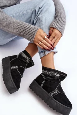 Discount Boto Damskie Śniegowce Na Grubej Podeszwie Z Wiązaniem Czarne Milson