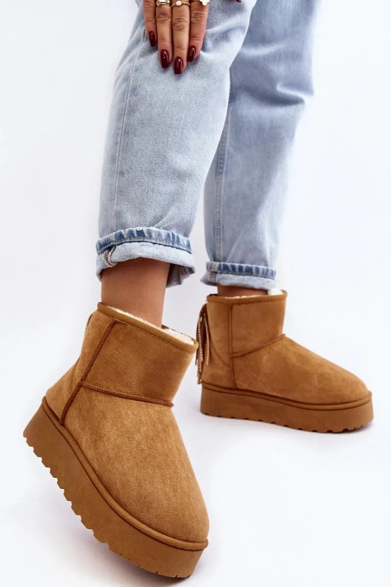 Śniegowce Damskie>Boto Damskie Śniegowce Na Masywnej Platformie Z Frędzlami Camel Lirico