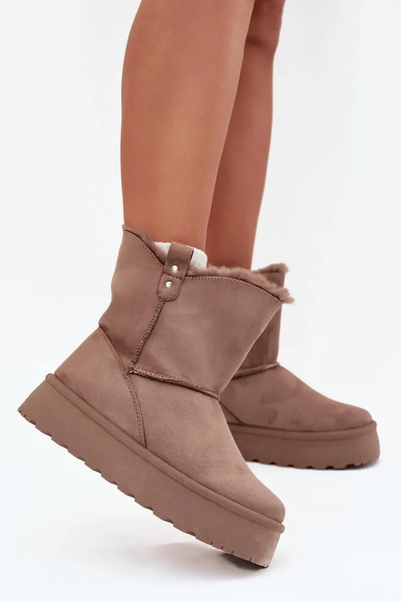 Śniegowce Damskie>Boto Damskie Śniegowce Na Platformie Z Futerkiem Ciemnobeżowe Evelira Beżowy