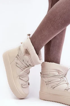 Sale Damskie Śniegowce Na Platformie Z Wiązaniem Beżowe Fleure Damskie Śniegowce Damskie