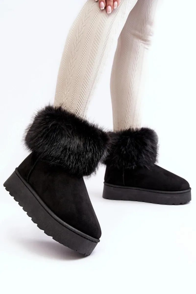 Śniegowce Damskie>Boto Damskie Śniegowce Na Platformie Z Futerkiem Czarne Mancy