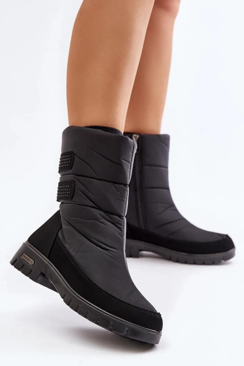 Śniegowce Damskie|Botki Płaskie>Boto Damskie Śniegowce Na Zamek Progress PROGJ-21-16 Czarne