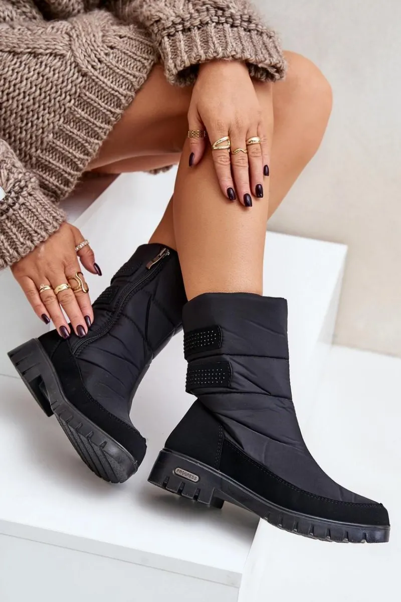 Śniegowce Damskie|Botki Płaskie>Boto Damskie Śniegowce Na Zamek Progress PROGJ-21-16 Czarne