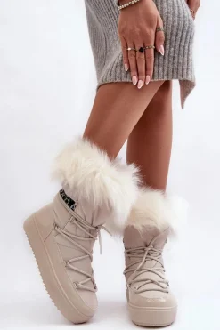 Discount Boto Damskie Śniegowce Sznurowane Jasnobeżowe Santero