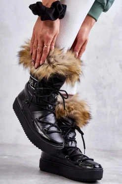 Śniegowce Damskie>Boto Damskie Śniegowce Sznurowane Czarne Santero Czarny