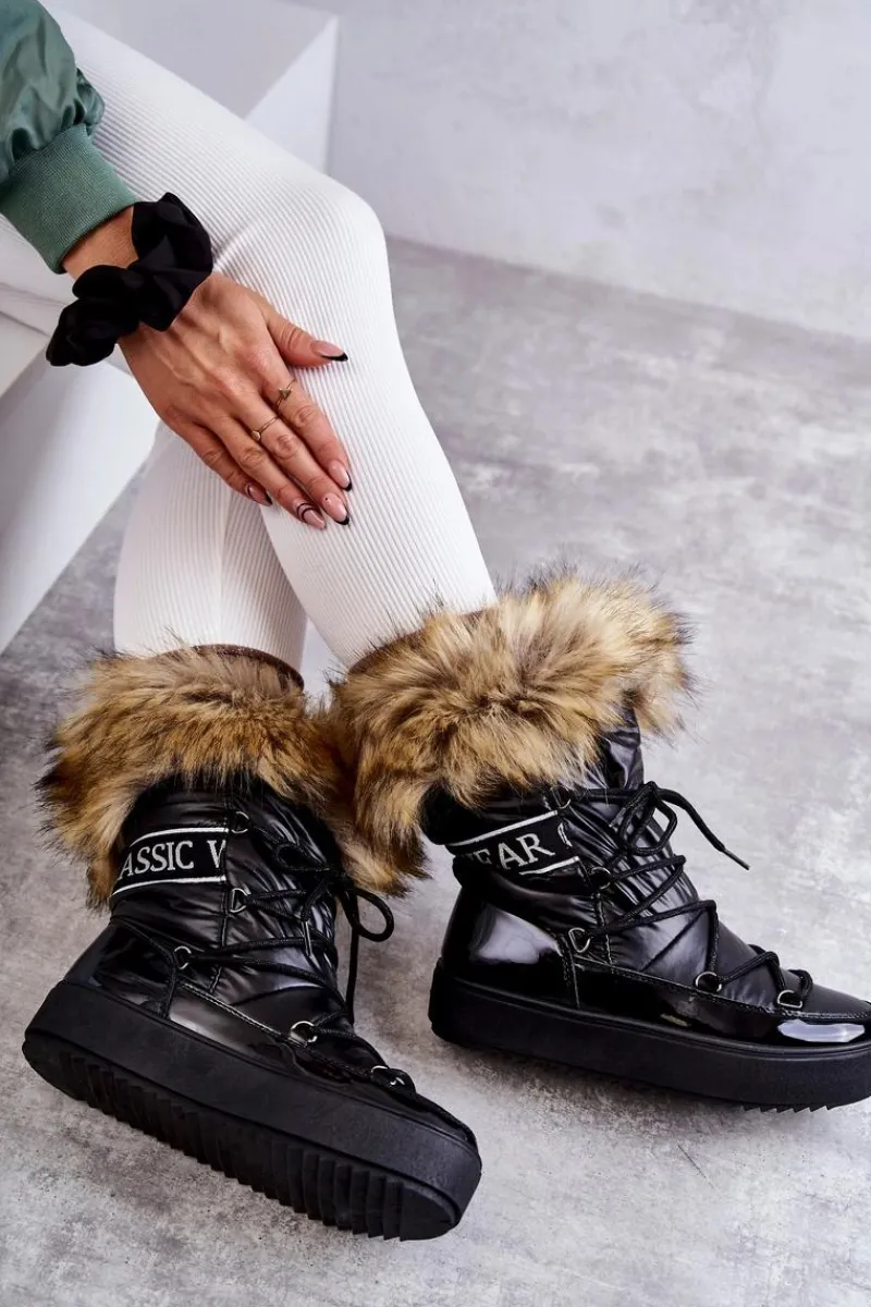 Śniegowce Damskie>Boto Damskie Śniegowce Sznurowane Czarne Santero Czarny