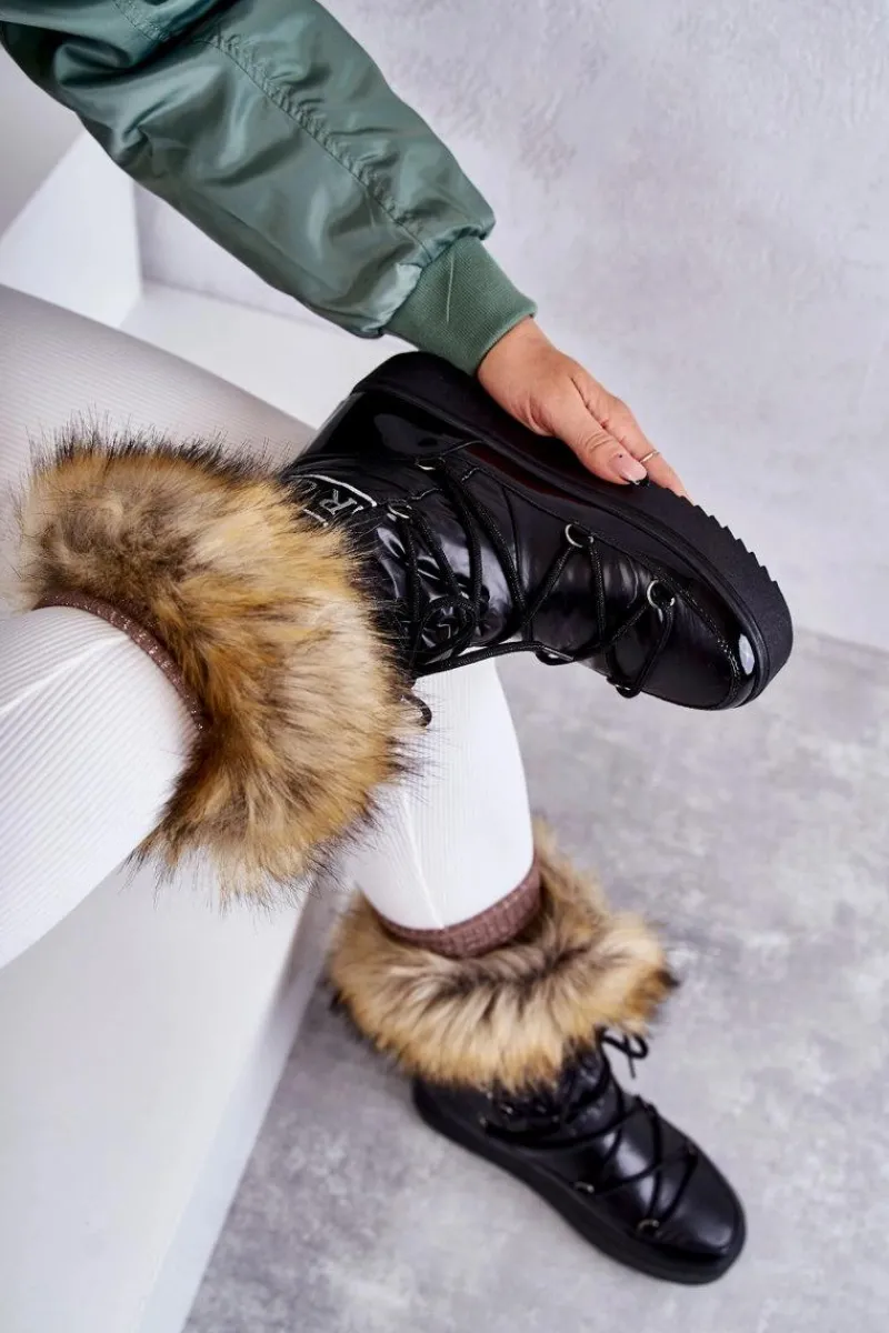 Śniegowce Damskie>Boto Damskie Śniegowce Sznurowane Czarne Santero Czarny