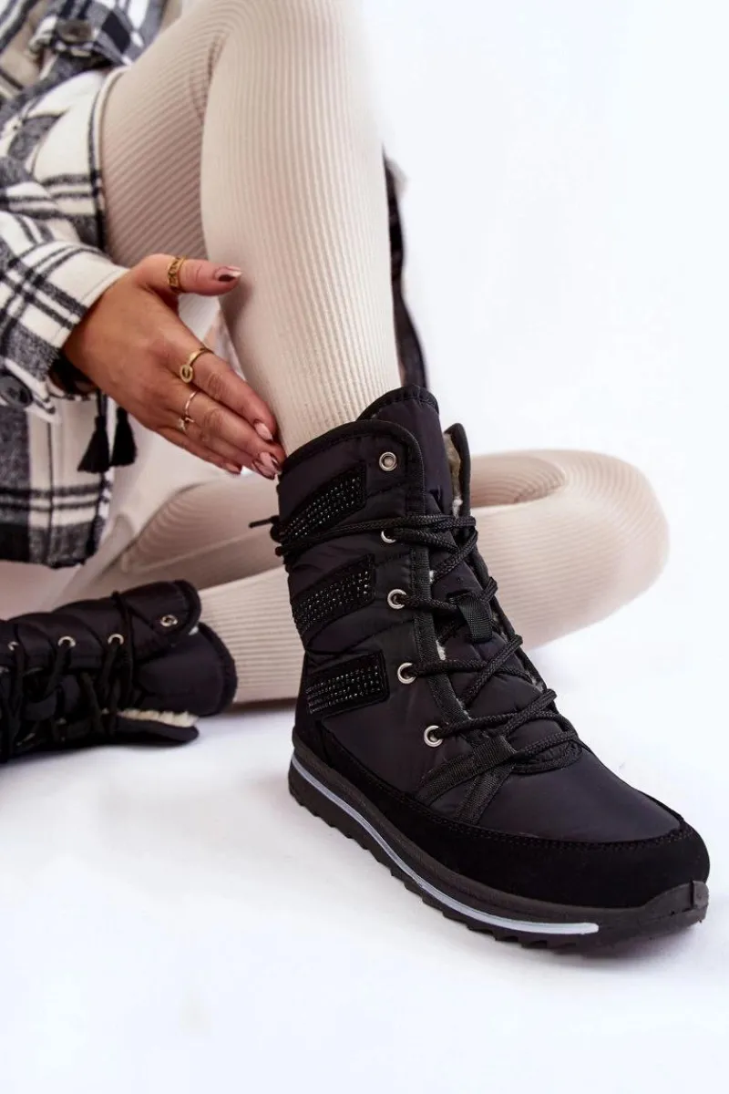 Śniegowce Damskie|Botki Płaskie>Boto Damskie Śniegowce Sznurowane Progress PROGJ-22-134 Czarne
