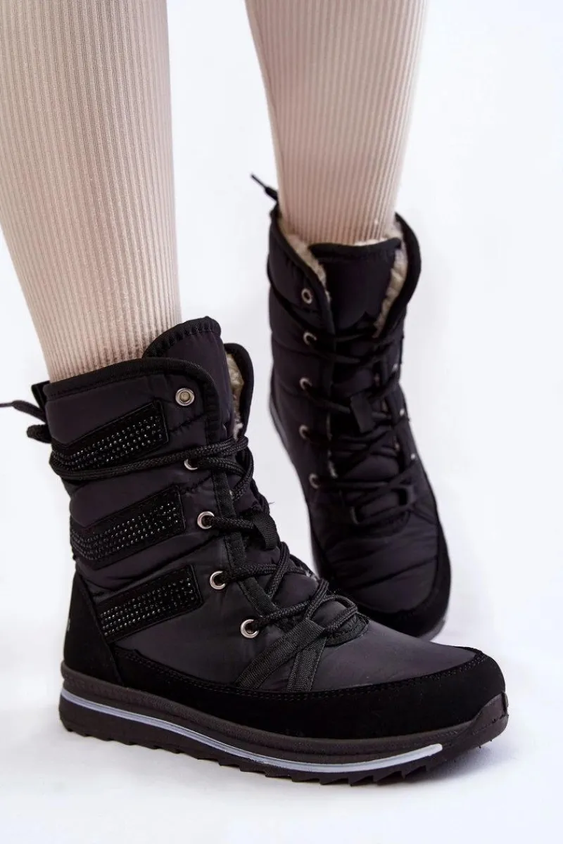 Śniegowce Damskie|Botki Płaskie>Boto Damskie Śniegowce Sznurowane Progress PROGJ-22-134 Czarne