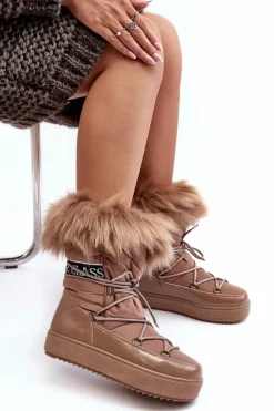 Discount Boto Damskie Śniegowce Sznurowane Ciemnobeżowe Santero Beżowy