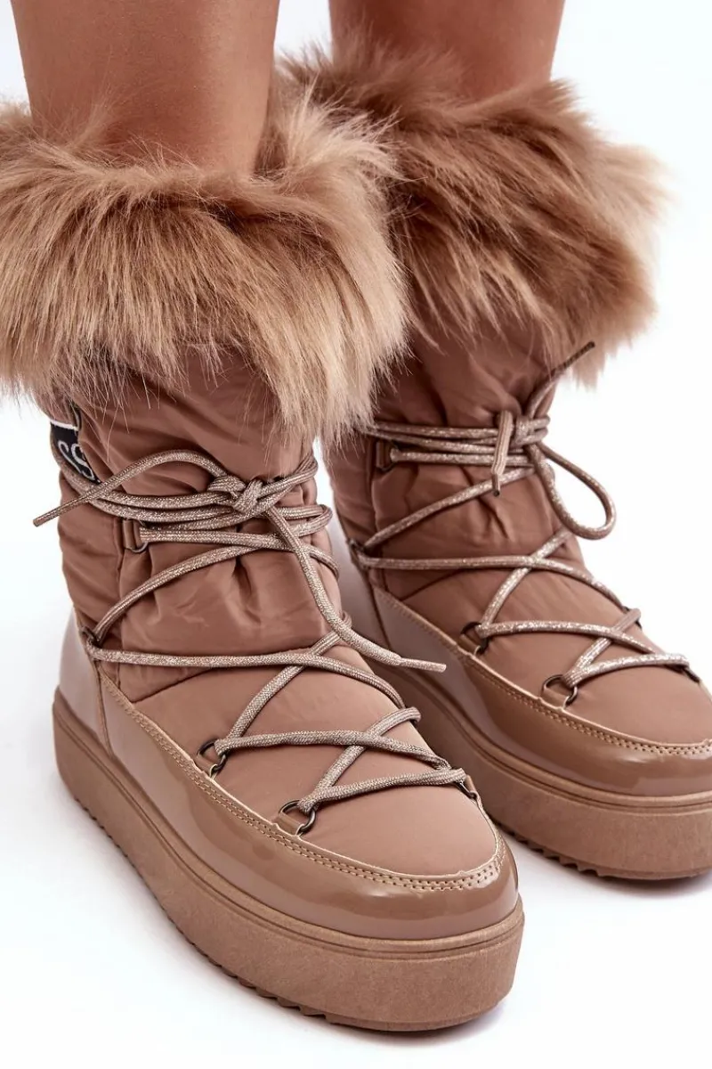 Discount Boto Damskie Śniegowce Sznurowane Ciemnobeżowe Santero Beżowy