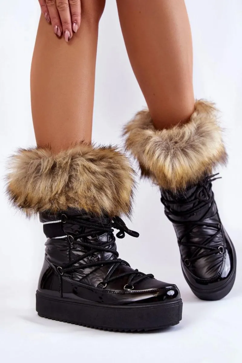Śniegowce Damskie>Boto Damskie Śniegowce Z Futerkiem Sznurowane Czarne Shannon