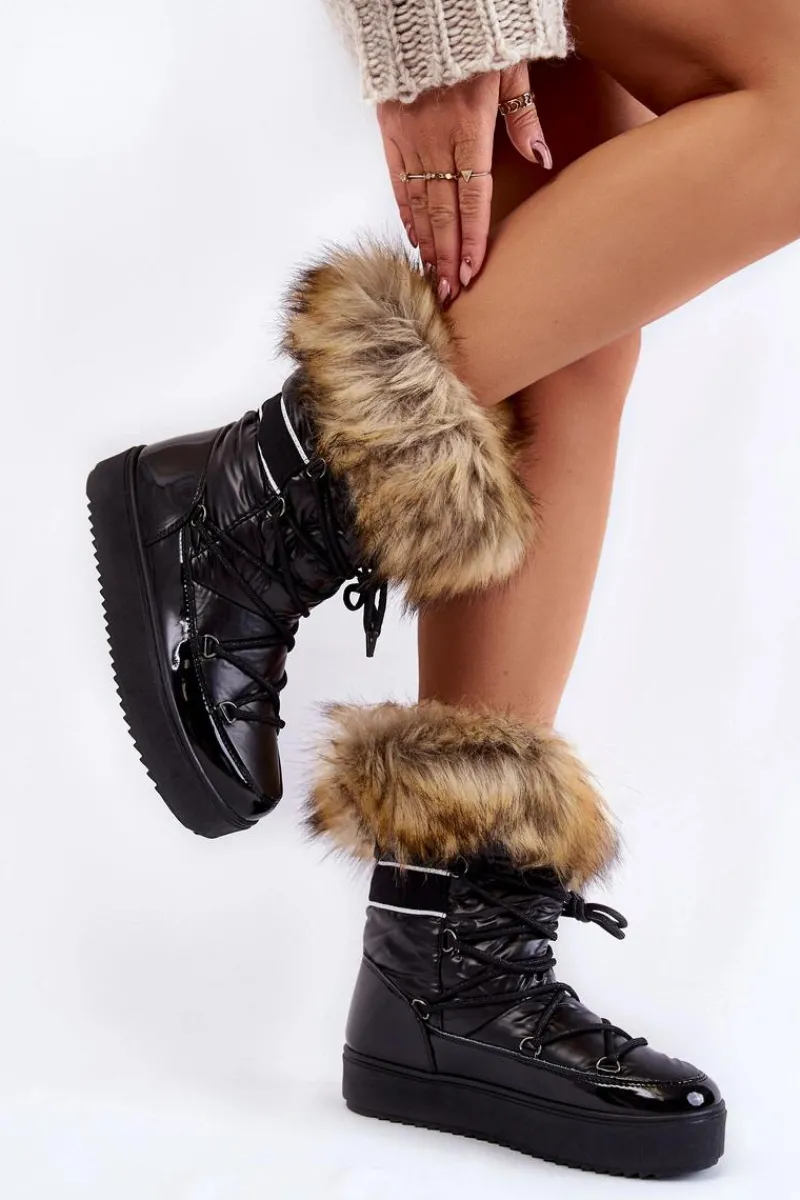 Śniegowce Damskie>Boto Damskie Śniegowce Z Futerkiem Sznurowane Czarne Shannon