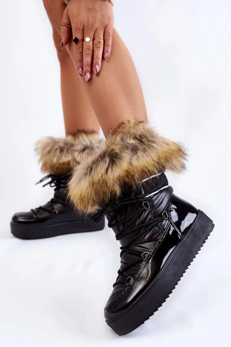 Śniegowce Damskie>Boto Damskie Śniegowce Z Futerkiem Sznurowane Czarne Shannon