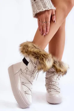 Clearance Boto Damskie Śniegowce Z Futerkiem Sznurowane Beżowe Shannon