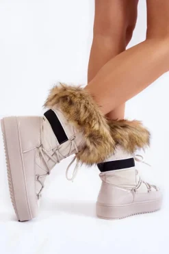 Clearance Boto Damskie Śniegowce Z Futerkiem Sznurowane Beżowe Shannon