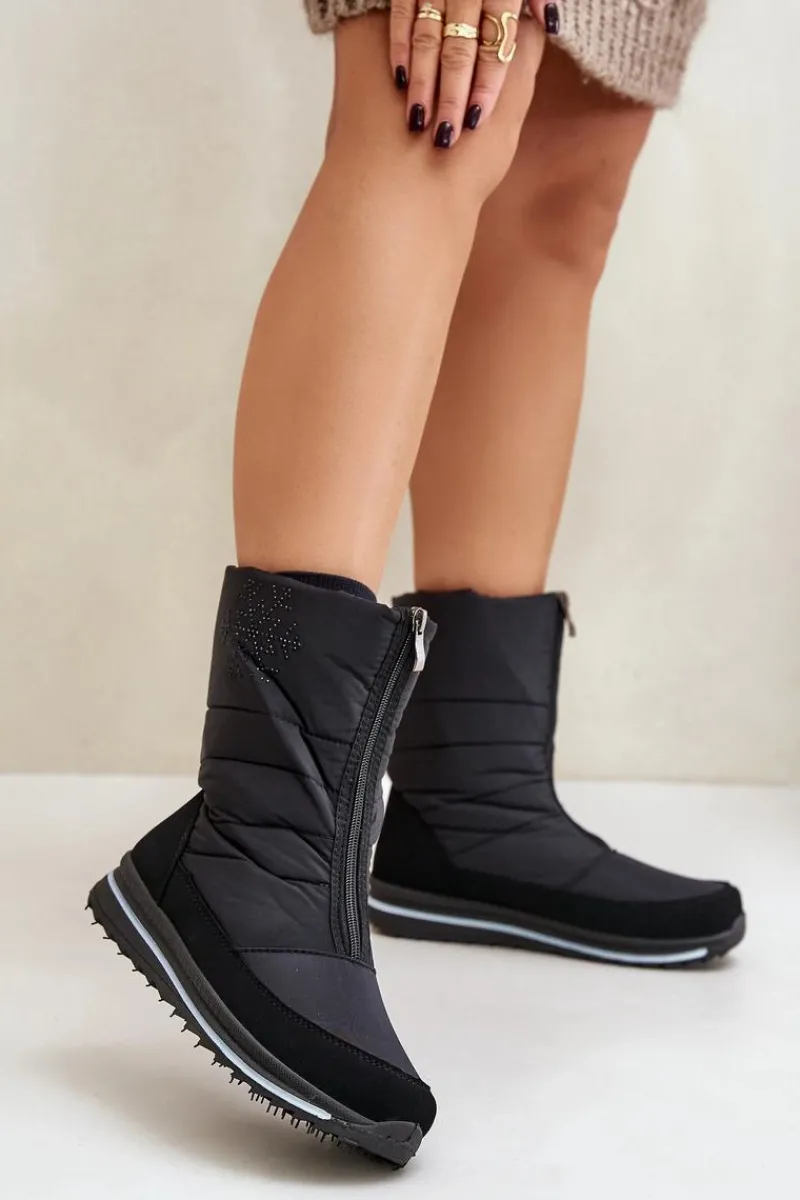 Śniegowce Damskie|Botki Płaskie>Boto Damskie Śniegowce Z Suwakiem Progress PROGJ-22-130 Czarne