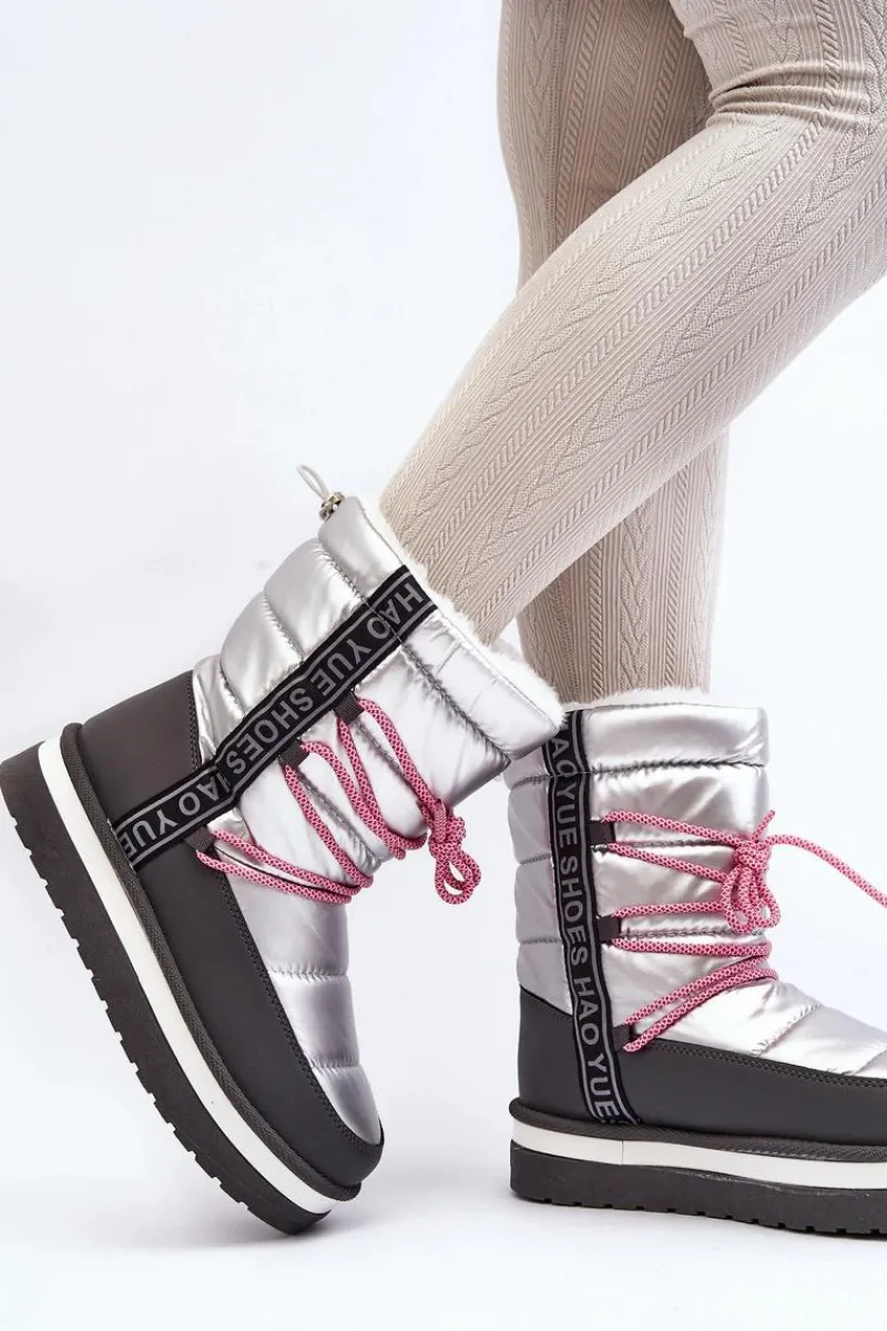 Boto Damskie Śniegowce Z Wiązaniem Srebrne Lilara Srebrny