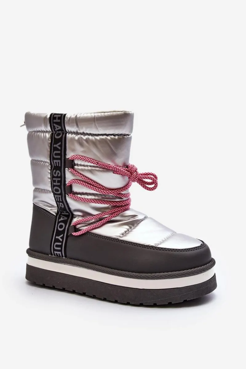 Boto Damskie Śniegowce Z Wiązaniem Srebrne Lilara Srebrny