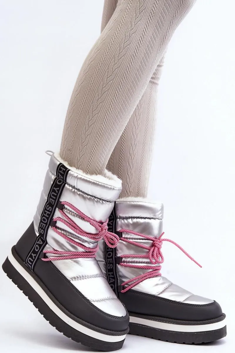 Boto Damskie Śniegowce Z Wiązaniem Srebrne Lilara Srebrny