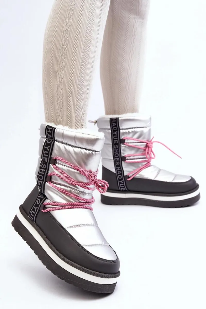 Boto Damskie Śniegowce Z Wiązaniem Srebrne Lilara Srebrny