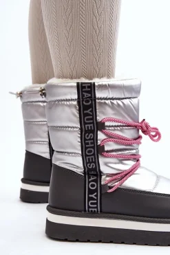 Boto Damskie Śniegowce Z Wiązaniem Srebrne Lilara Srebrny