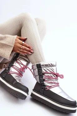 Boto Damskie Śniegowce Z Wiązaniem Srebrne Lilara Srebrny